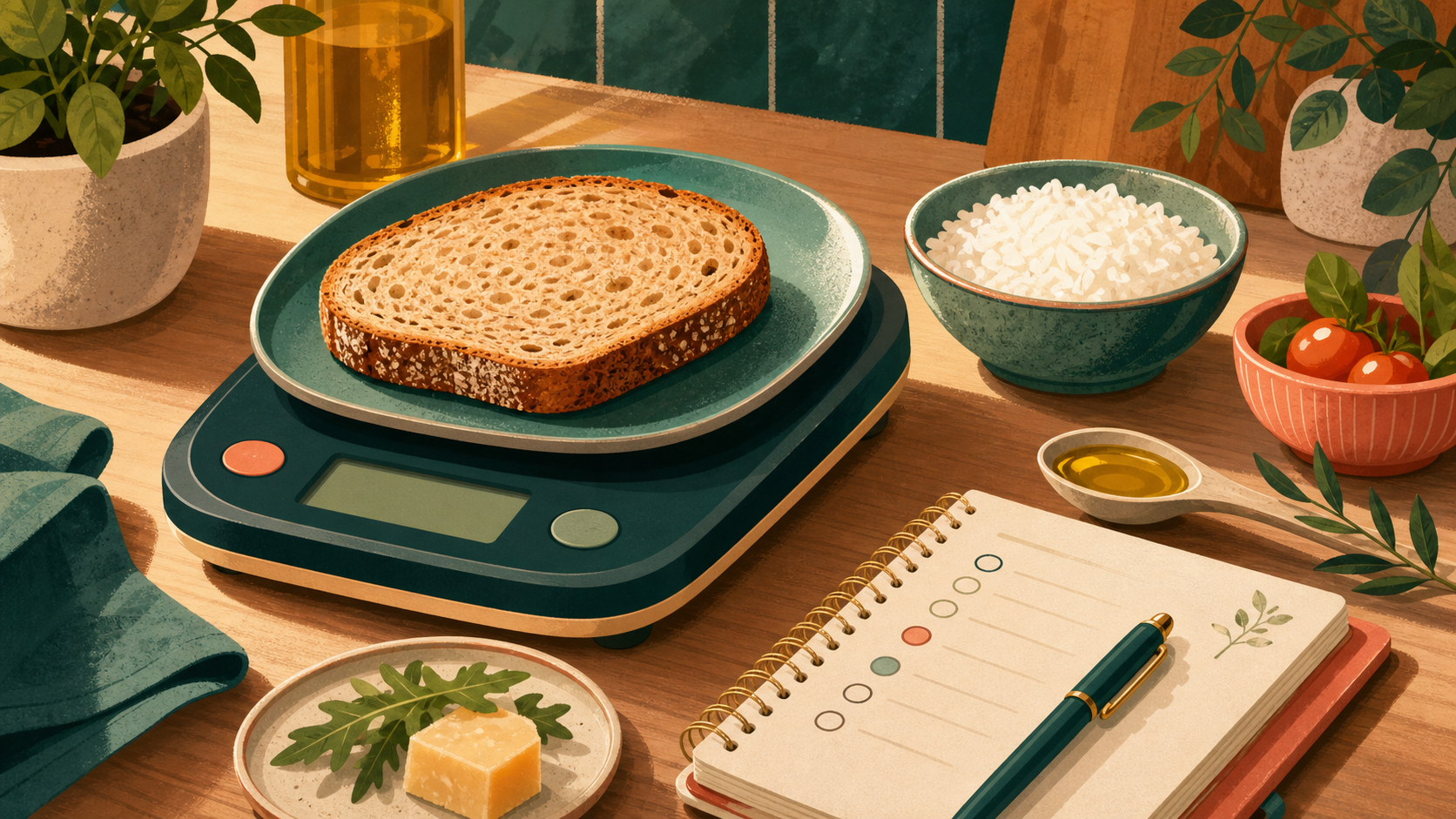 Ilustracija kuhinjske vage sa parcetom hleba i namirnicama za merenje porcija